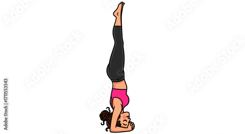 Illustration of a woman in a headstand yoga pose with black leggings and pink top