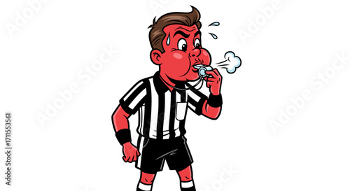 Cartoon referee with red face blowing a whistle in a black and white uniform outfit