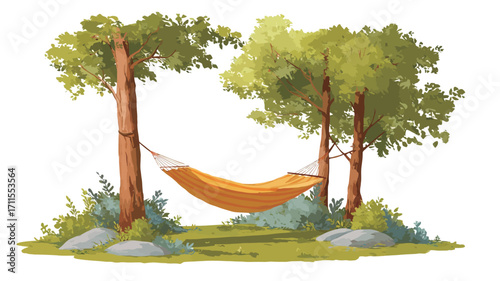 A digital illustration depicts a yellow hammock strung between two trees. The trees have lush green leaves.  The ground is grassy with some rocks and small bushes at the base of the trees