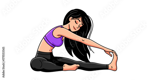 A woman with long black hair is stretching and touching her toes while sitting