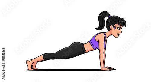 Illustration of a woman with a ponytail doing a plank exercise in workout gear