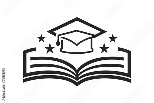 Graduation cap and open book graphic with stars for educational themes and celebrations