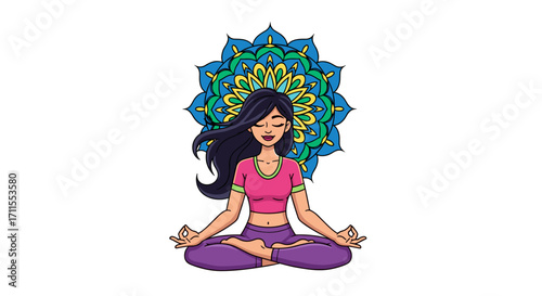 Illustration of a woman meditating in lotus position with a mandala behind her