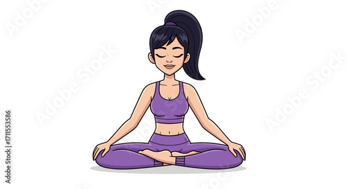 Cartoon woman with ponytail meditating in lotus position wearing purple yoga clothes