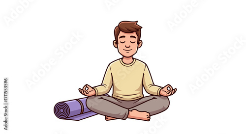 A cartoon man meditating in lotus position next to a rolled up yoga mat image