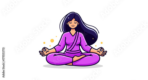 Illustration of a woman with long dark hair in a purple outfit meditating calmly