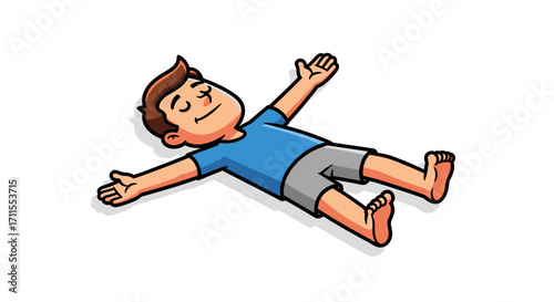Illustration of a boy lying on his back with arms and legs outstretched smiling