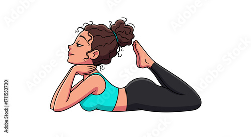Illustration of a woman in a yoga pose with her hands under her chin looking up