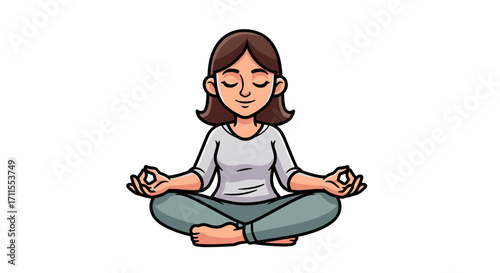 Woman with brown hair meditating in lotus position with closed eyes and smile face