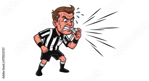 A cartoon referee with an angry expression blowing a whistle very loudly now