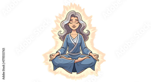 Woman with gray hair meditating in lotus position surrounded by golden aura glow