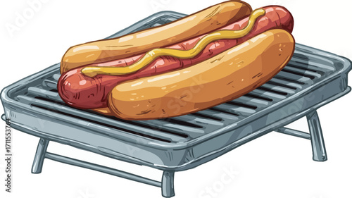 A digital illustration of a hot dog in a bun, topped with yellow mustard, resting on a small, metallic grill. The style is cartoonish with slightly rough lines and shading. 