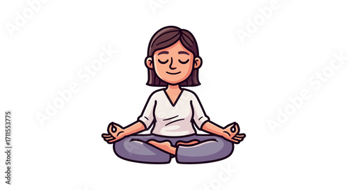 A cartoon woman with short brown hair meditating in the lotus position on white