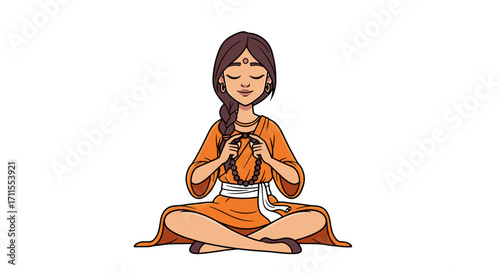 Illustration of a woman in orange dress meditating with prayer beads in hand