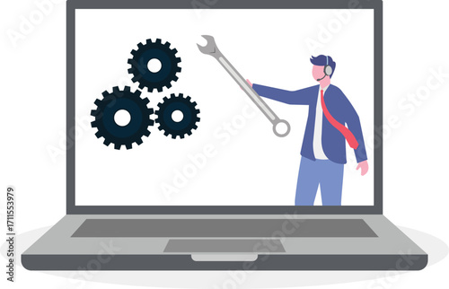Helpful man wearing headset conversation with customer, assisting in solving computer problem.
