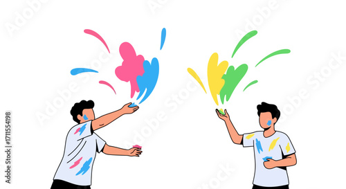 Joyful Holi Festival Celebration Illustration Featuring Colorful Powder Splashes and Happy People, Suitable for Social Media Marketing and Cultural Event Promotion.