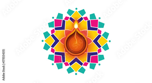 Vibrant Diwali Celebration Graphic with Traditional Diya Lamp and Geometric Floral Design for Festive Greetings and Cultural Event Promotions