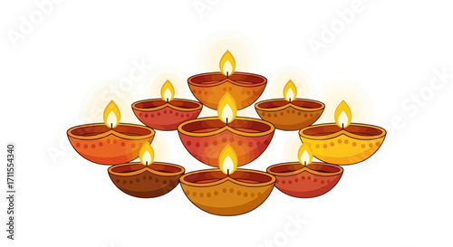 Glowing Diwali Lamps Illustration for Festive Celebrations and Cultural Graphic Design Projects. Perfect for showcasing Indian traditions and holiday greetings.