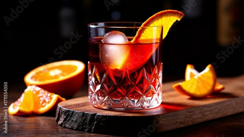 Blood orange negroni cocktail on dark walnut bar