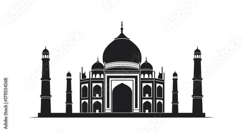 Silhouette of the Taj Mahal Mausoleum in Agra, India, for travel brochures, historical documentaries, and architectural presentations.
