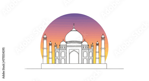 Elegant minimalist illustration of the Taj Mahal against a vibrant sunset backdrop, suitable for travel brochures, cultural websites, or educational materials.