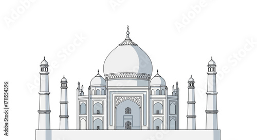 Serene Taj Mahal Illustration Depicting Architectural Grandeur and Cultural Heritage for Travel Brochures and Educational Purposes.