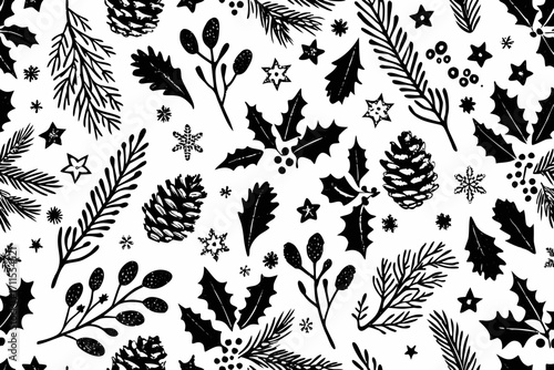 Black and white festive christmas pattern with pine cones holly berries and snowflakes