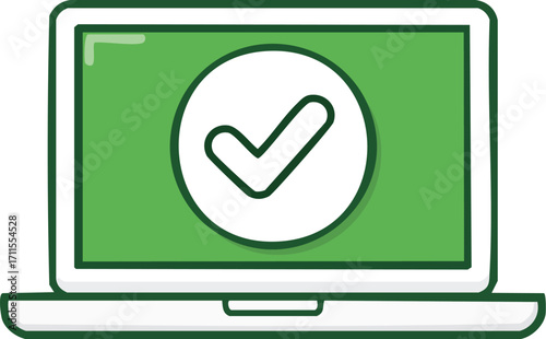 A laptop displaying a green screen with a white check mark inside a circle.