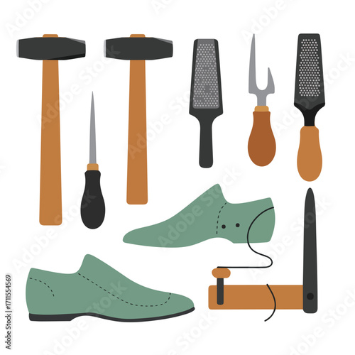 A cobbler's toolkit with shoes, hammers, and leatherworking tools in muted, flat design