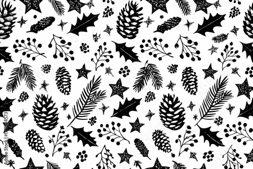 Black and white hand drawn winter holiday pattern with pine cones and berries