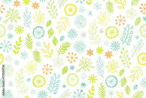 Hand drawn botanical elements and citrus slices seamless pattern