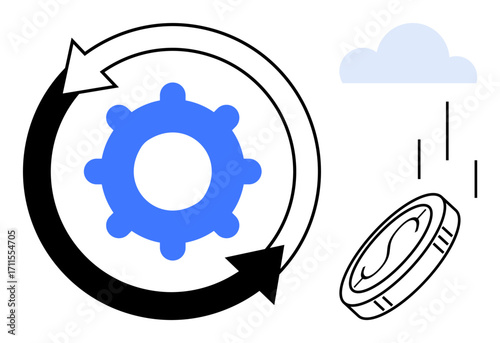 Gear inside circular arrows for process, rain cloud for resource flow, falling coin for investment return. Ideal for sustainability, innovation, economy, growth, efficiency, finance renewable