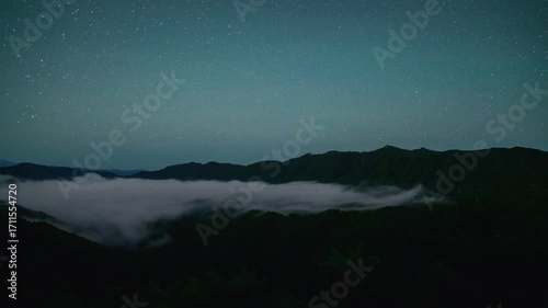 夜明けを迎える流星の星空と雲海のタイムラプス動画