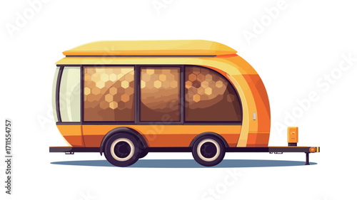 A digital illustration of a yellow and orange modern caravan trailer.  The trailer is depicted in a side profile view against a white background. The style is cartoonish or whimsical