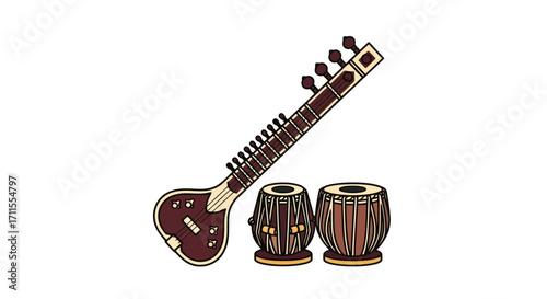 Elegant Sitar and Tabla Illustration for Cultural Events and Indian Music Education, Suitable for Promoting Traditional Arts and Festive Celebrations