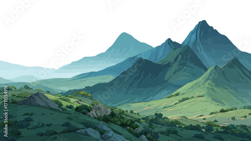 The image is a digital illustration depicting a stylized mountain landscape.  The color palette consists primarily of varying shades of green and blue, representing vegetation and mountains