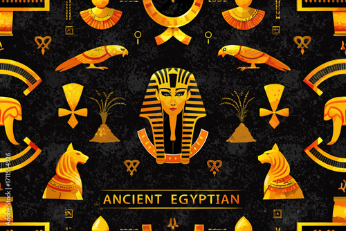 Vibrant ancient egyptian symbols and hieroglyphs on black background