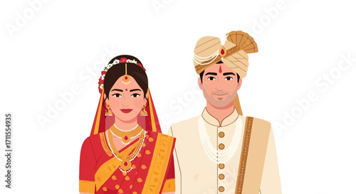 Exquisite depiction of a Hindu wedding couple in traditional attire, ideal for illustrating cultural events and wedding-related content