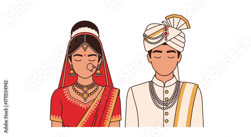 Traditional Indian Wedding Couple Illustration Featuring Bride in Red Sari and Groom in Sherwani for Cultural Celebrations and Design Projects