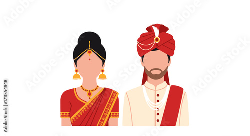 Elegant Indian Wedding Couple Illustration in Traditional Attire for Cultural Celebrations and Festive Design Projects, Suitable for Invites and Graphic Designs