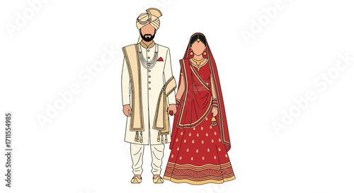 Elegant Indian Wedding Couple Illustration in Traditional Attire for Cultural Celebrations and Design Projects, Ideal for invitations, greeting cards, wedding planners or cultural events.