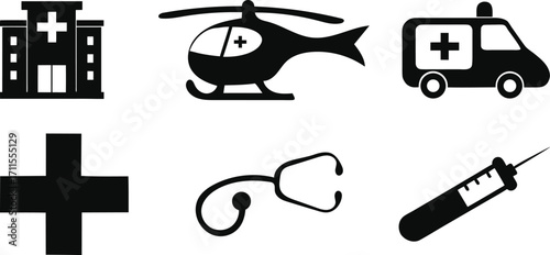 Healthcare Icons Set with Hospital Ambulance Helicopter.