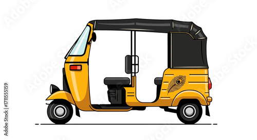 Vibrant Yellow Auto Rickshaw Illustration for Global Transportation and Cultural Representation in Design Projects and Travel-Related Media