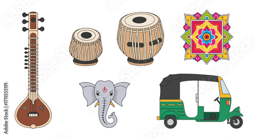 Collection of Indian Cultural Elements for Travel Guides, Educational Material and Celebration Design, Showcasing Sitar, Tabla, Ganesha and Rickshaw