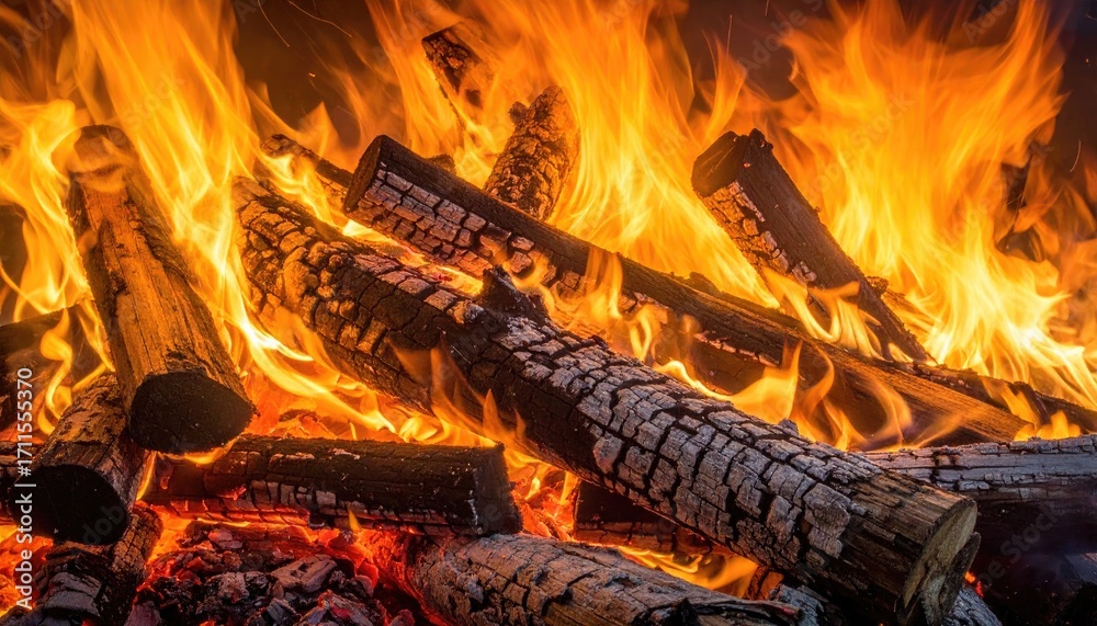 Fototapeta premium Intense Fire Burning Logs in a Fireplace with Bright Orange Flames and Blackened Wood Close Up View