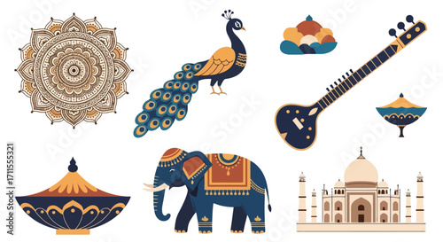 Collection of Vibrant Indian Cultural Icons and Symbols for Design Projects and Educational Resources Depicting Indian Heritage