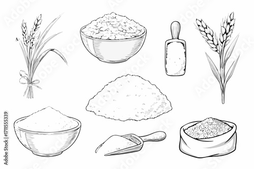 Black and white illustration of rice grains and stalks in various forms