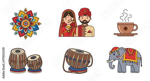 Whimsical Indian Culture Icons Featuring Traditional Attire, Musical Instruments, and Decorative Elements, perfect for cultural celebrations, educational materials, and design projects.