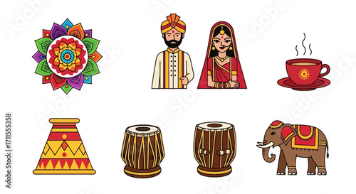 Vibrant Indian Cultural Elements Illustration Set for Celebrating Festivals, Weddings, and Cultural Events, ideal for educational materials, event decorations, and digital content creation.