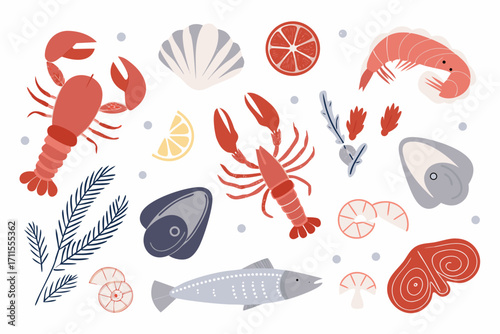 Flat design seafood collection with lobster shrimp fish and shellfish